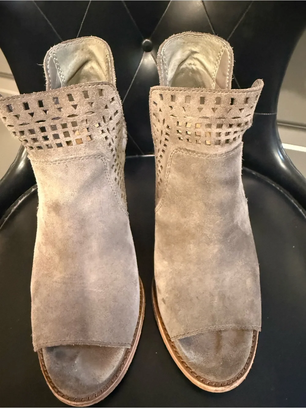 Gianni Bini Women's Taupe Suede Cutout Peep-Toe Ankle Booties